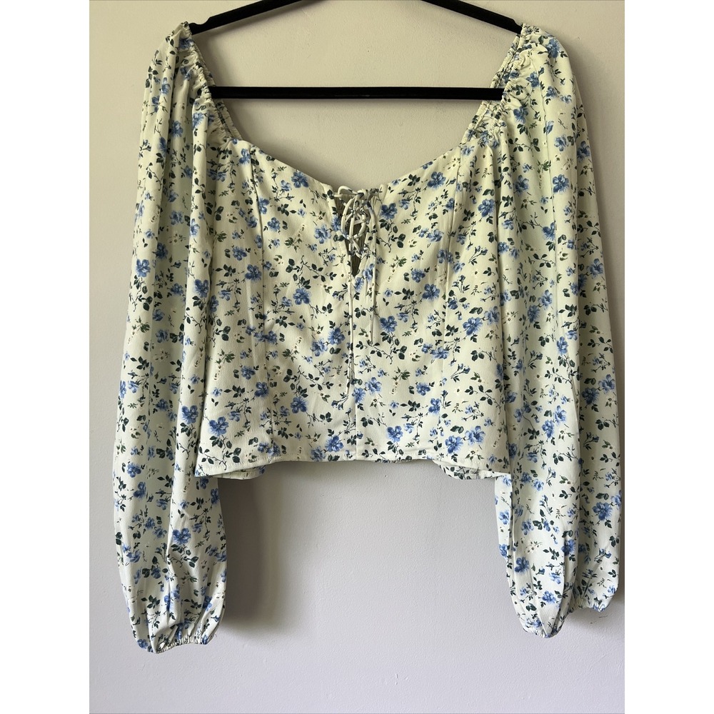 Abercrombie & Fitch Floral Lace up Blouse Cottagecore Size M Green Blue Cropped